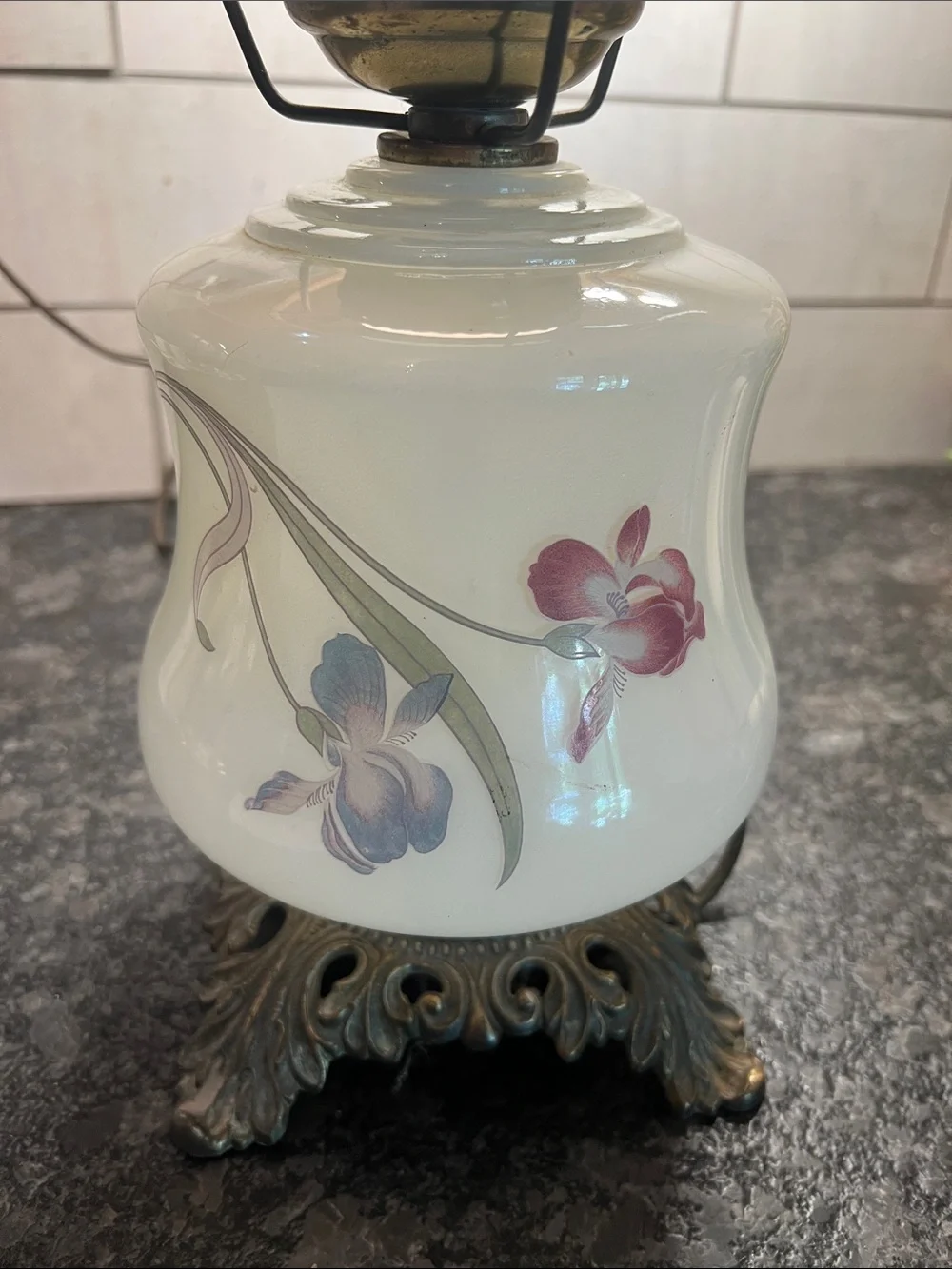 Milk Glass Vintage Hurricane Lamp – purple flowers. Nightstand or side table use